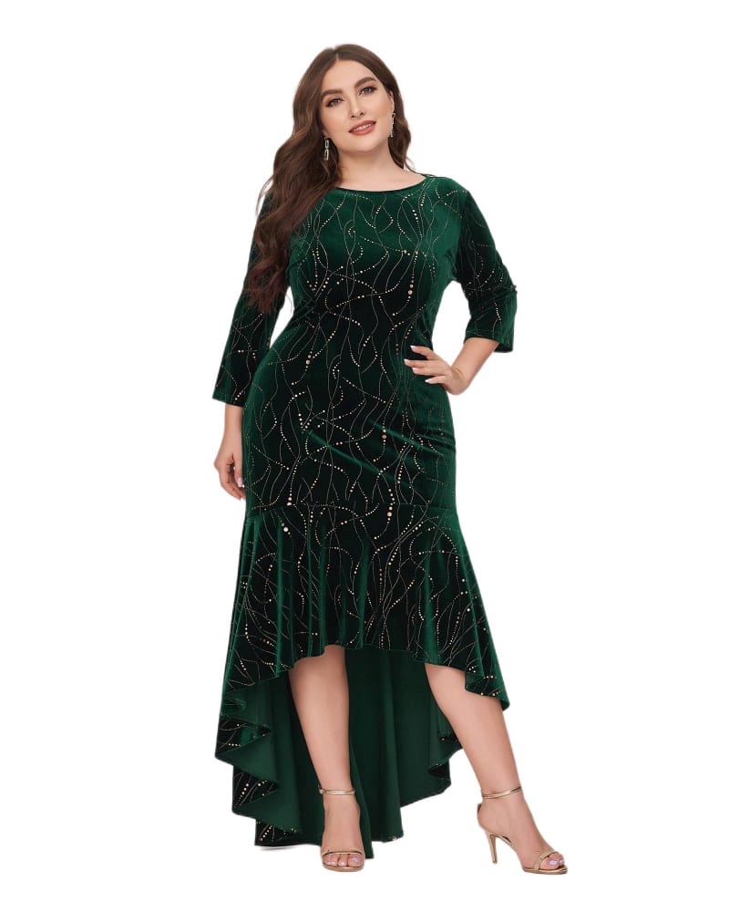 Front of a model wearing a size 12 Women's Stylish Bodycon High-Low Velvet Party Dress in Dark Green by Ever-Pretty. | dia_product_style_image_id:325275